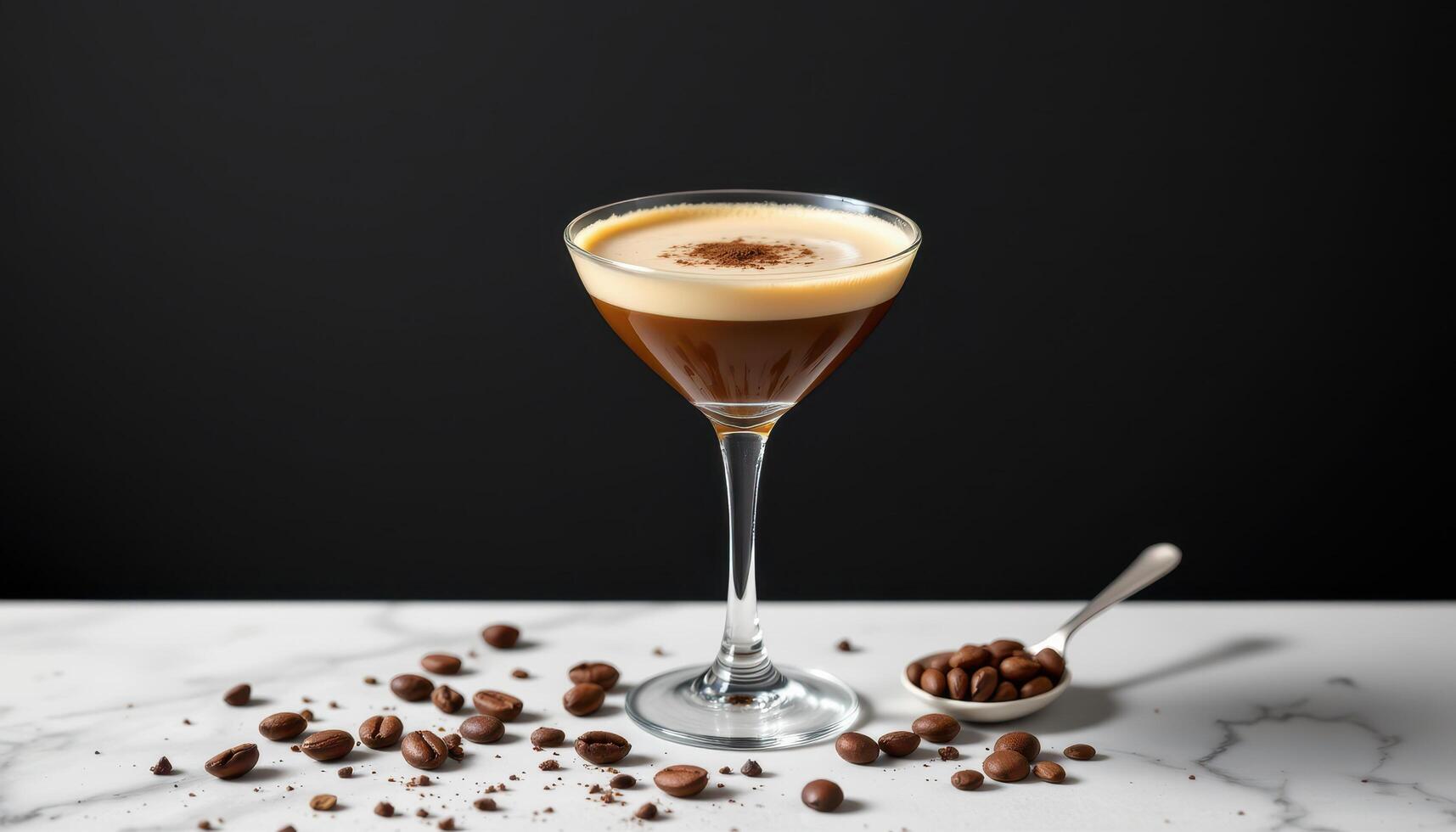 minimalist food photography of a espresso martini on a glass, coffee beans with foam, soft black background, natural daylight photo