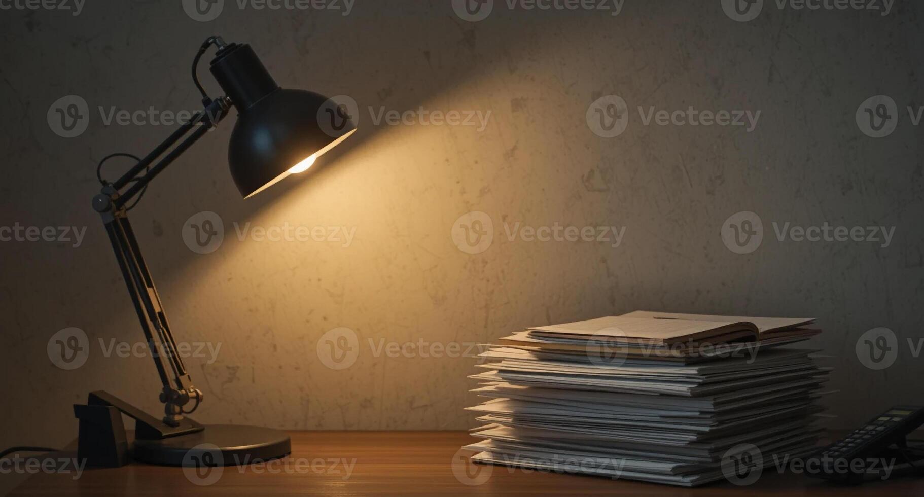 A desk lamp is on a table next to a stack of papers photo