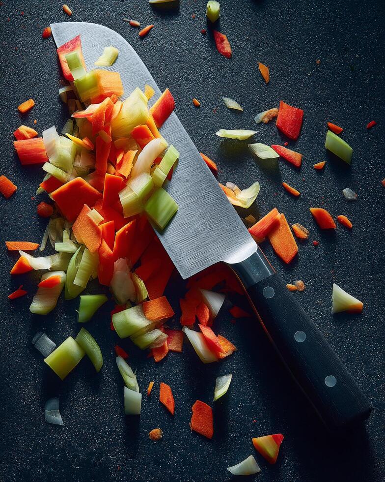Chef knife cutting vegetables preparation for cooking food photography photo