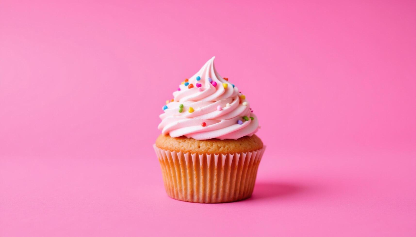 A deliciously frosted cupcake with pastel pink icing and colorful confetti sprinkles on top photo