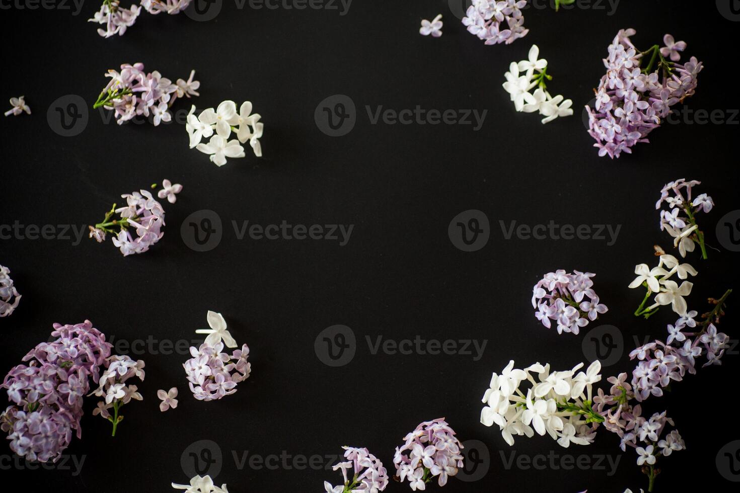 Lilac flower frame on black background with empty space for text. Floral background. photo