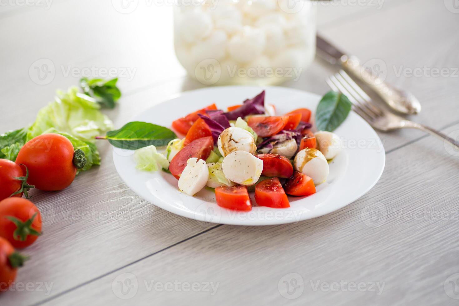 Fresh vegetables and mozzarella cheese in a plate. Quick and easy breakfast. photo