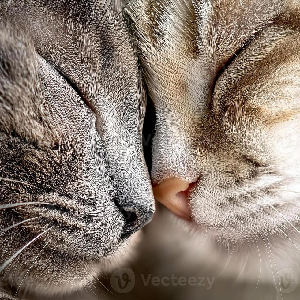 Tender moment captured between two adorable cats, showcasing their delicate photo