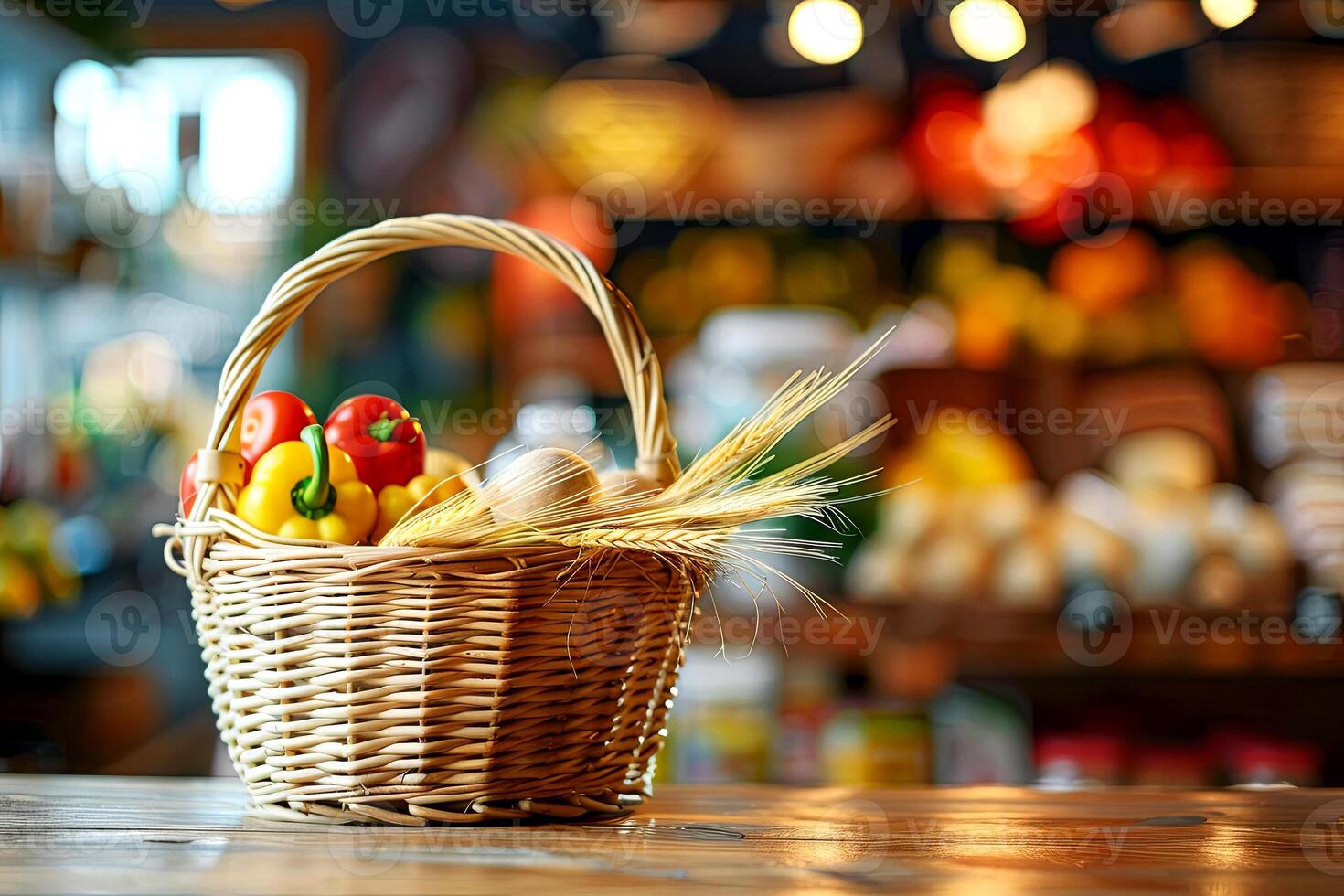 A vibrant basket filled with colorful vegetables and wheat captures the essence of freshness photo