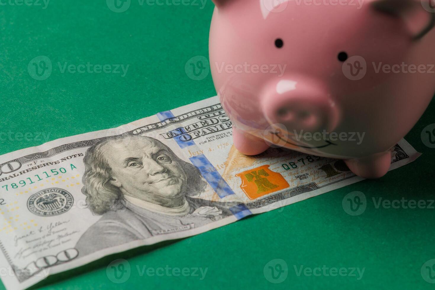 Piggy bank sits on a hundred dollar bill on a green background during daylight photo