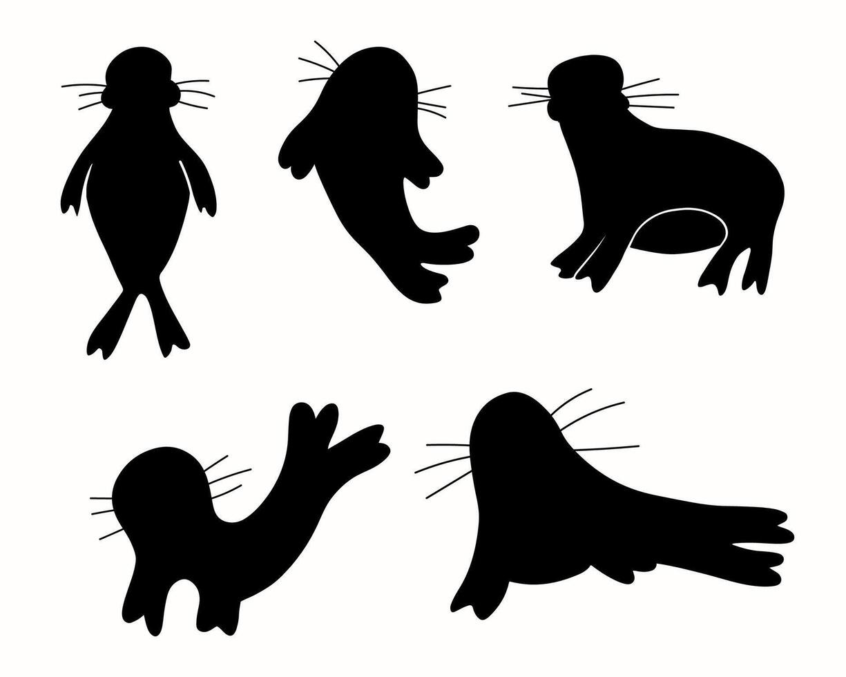 Illustration of a set of fur seals silhouettes on a white background. vector