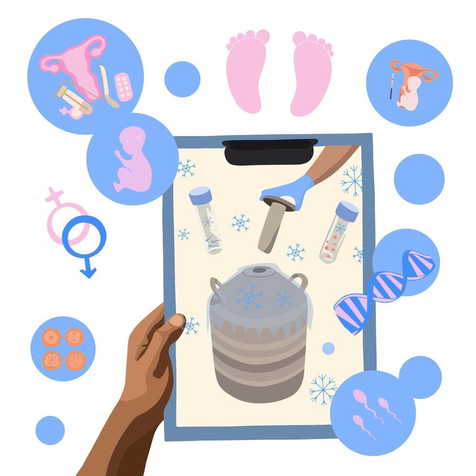 Illustration of sperm and egg freezing. Cryo bank. Artificial insemination. vector