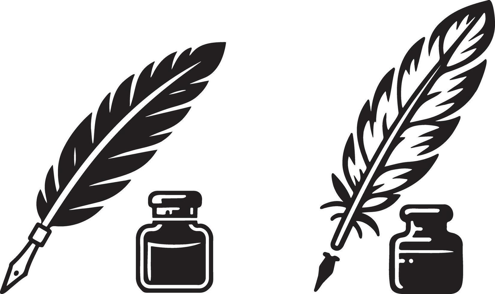 Quill Pen and Ink Bottle Illustration Set. vector