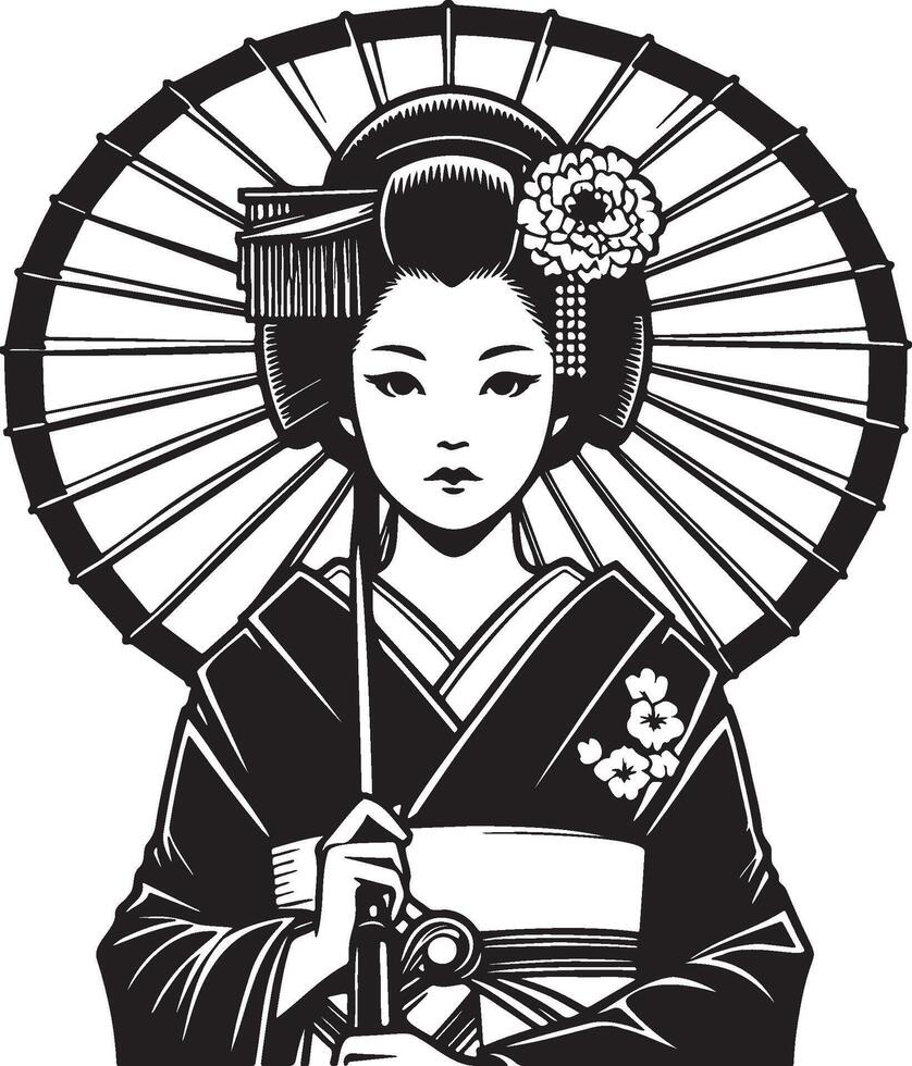 Japanese Woman Wearing Kimono with Umbrella. vector