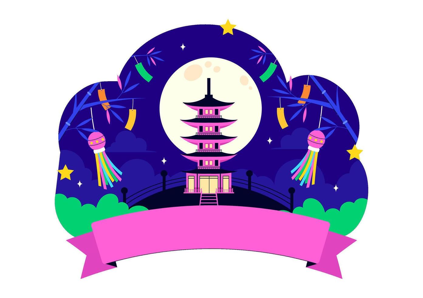 Tanabata Celebration in Japan with Kimonos and Flower Decorations on a Flat Cartoon Background vector