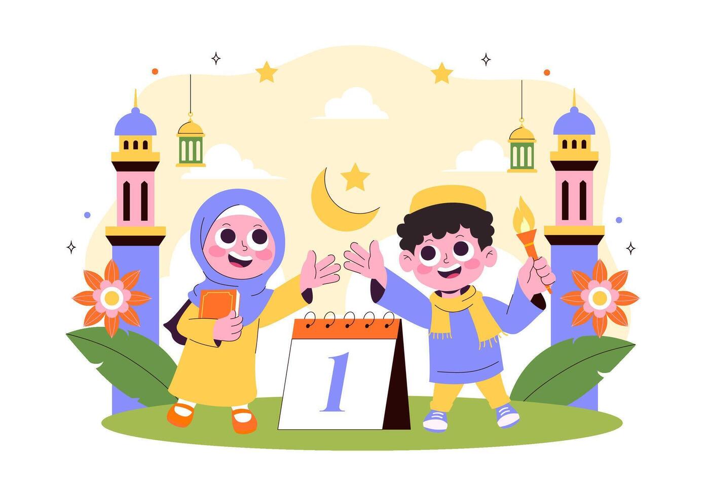 1st Muharram Celebration with Crescent Moon and Mosque in Flat Illustration vector