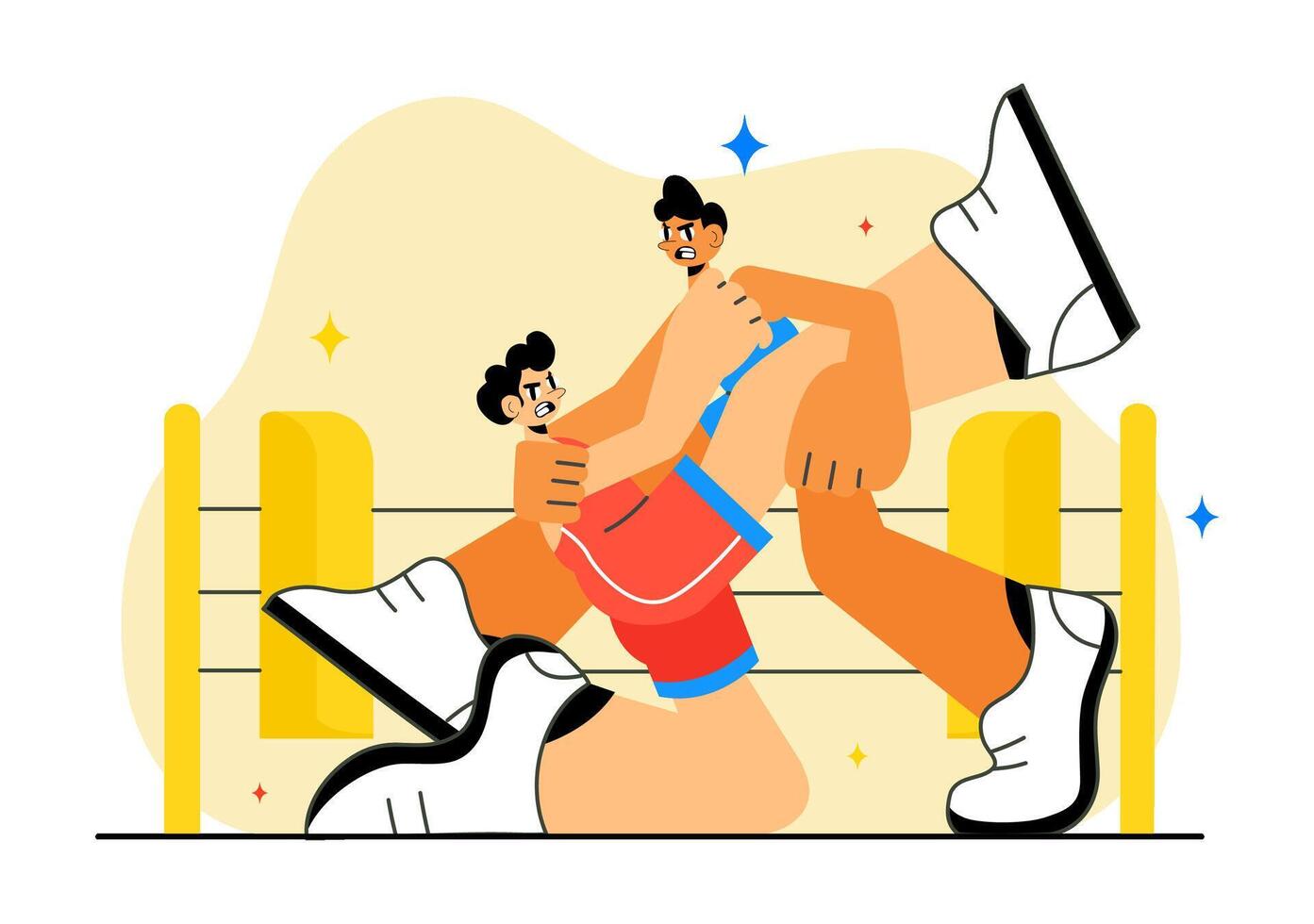 Championship Wrestling with Two Opponents Grappling Inside the Arena vector