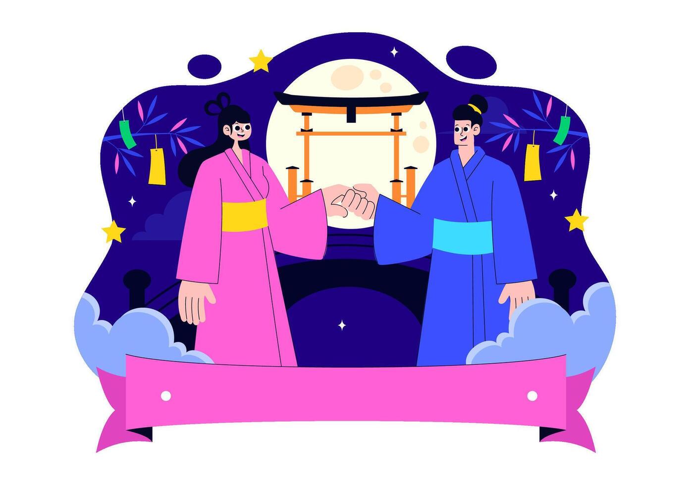 Tanabata Festival Celebration in Japan with Kimono Wearers and Peony Blossoms in Flat Style Background vector