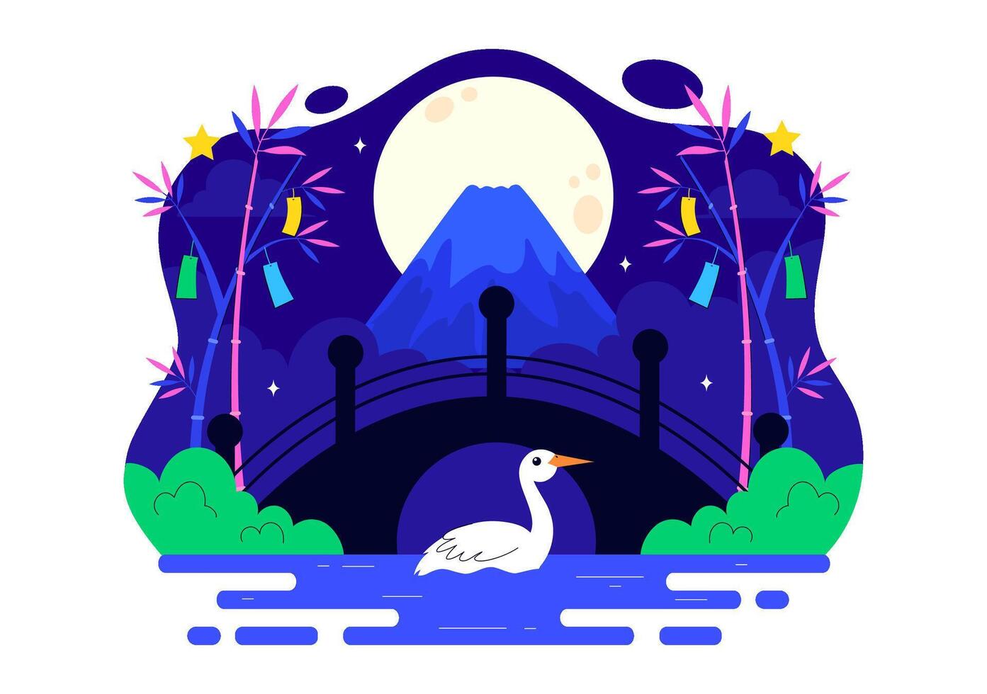 Flat Style Tanabata Festival Featuring Japanese Kimono and Decorative National Flowers vector