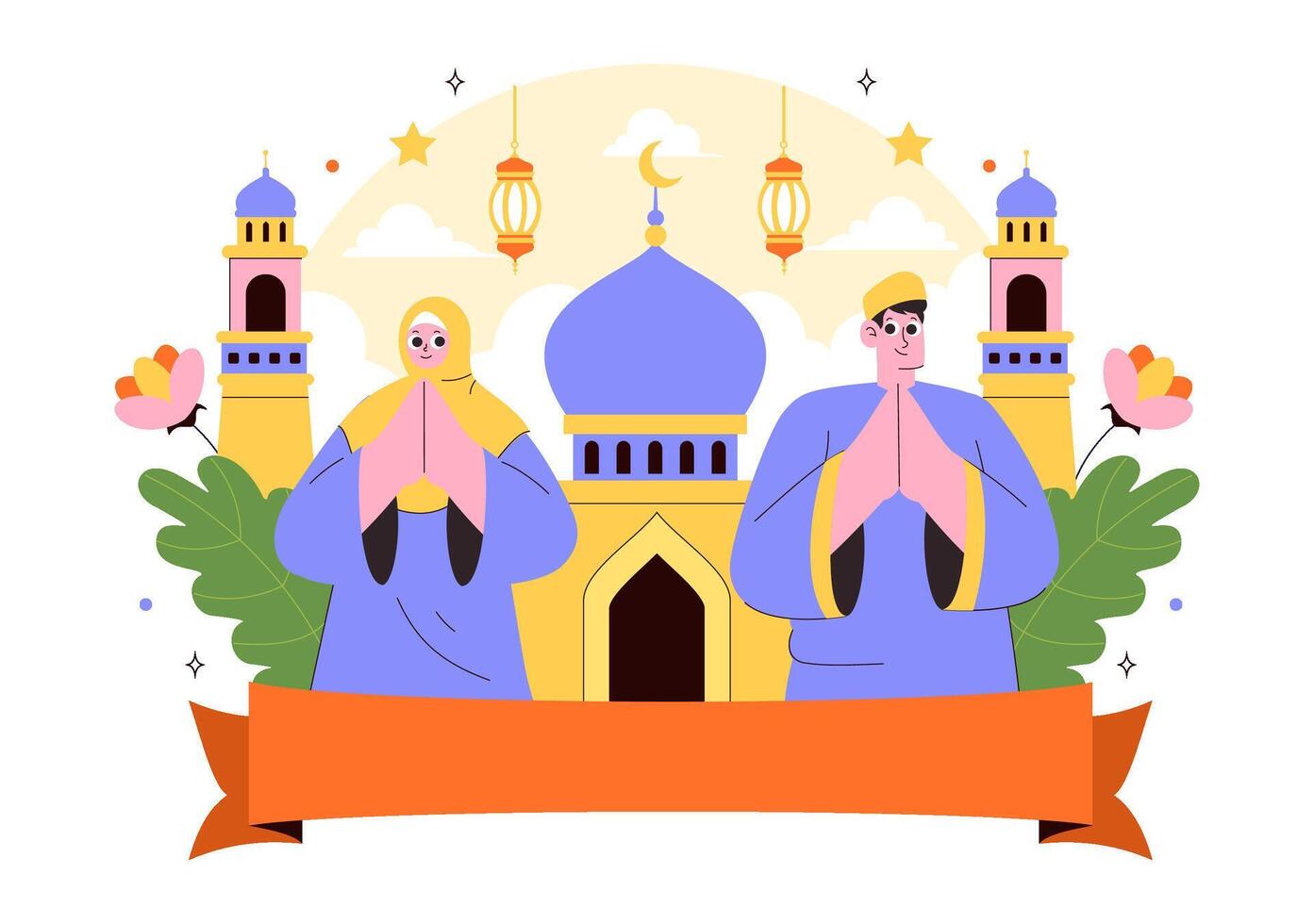 Happy Islamic New Year Design Featuring Mosque and Festive Lanterns vector