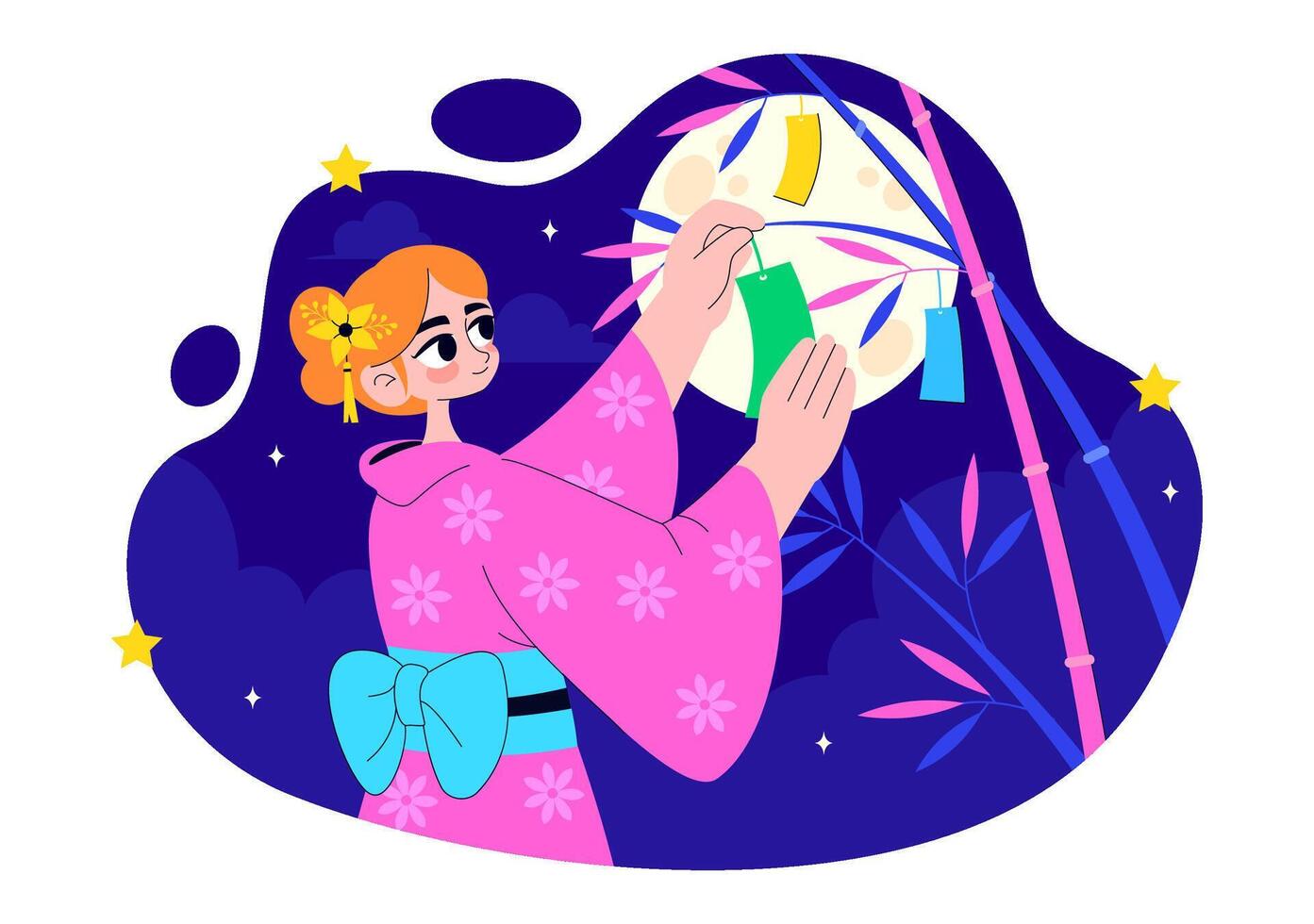 Traditional Japanese Holiday Tanabata with Elegant Kimono Dress and Flower Motifs in Flat Style vector