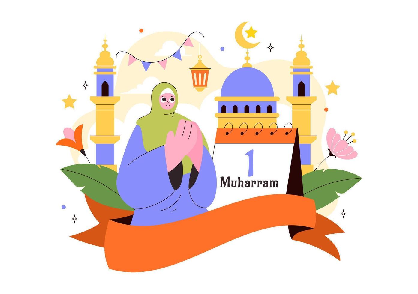 Islamic New Year Illustration with Mosque, Moon, and Festive Lanterns in Flat Cartoon Style vector