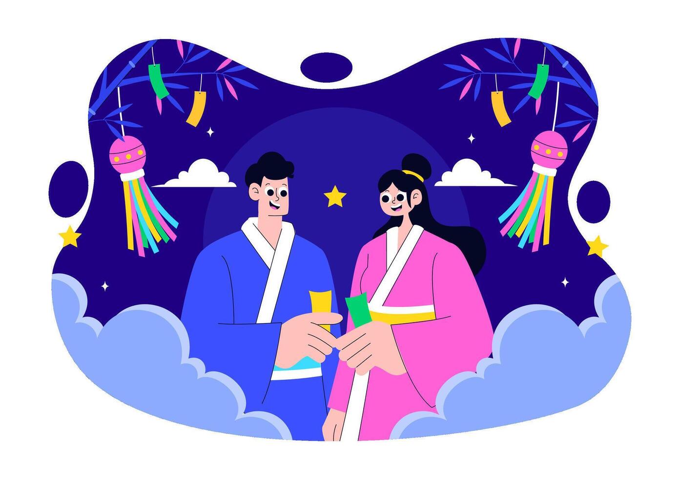 of Tanabata Japan Holiday with Peony Flowers and People in Kimono in Cartoon Style vector