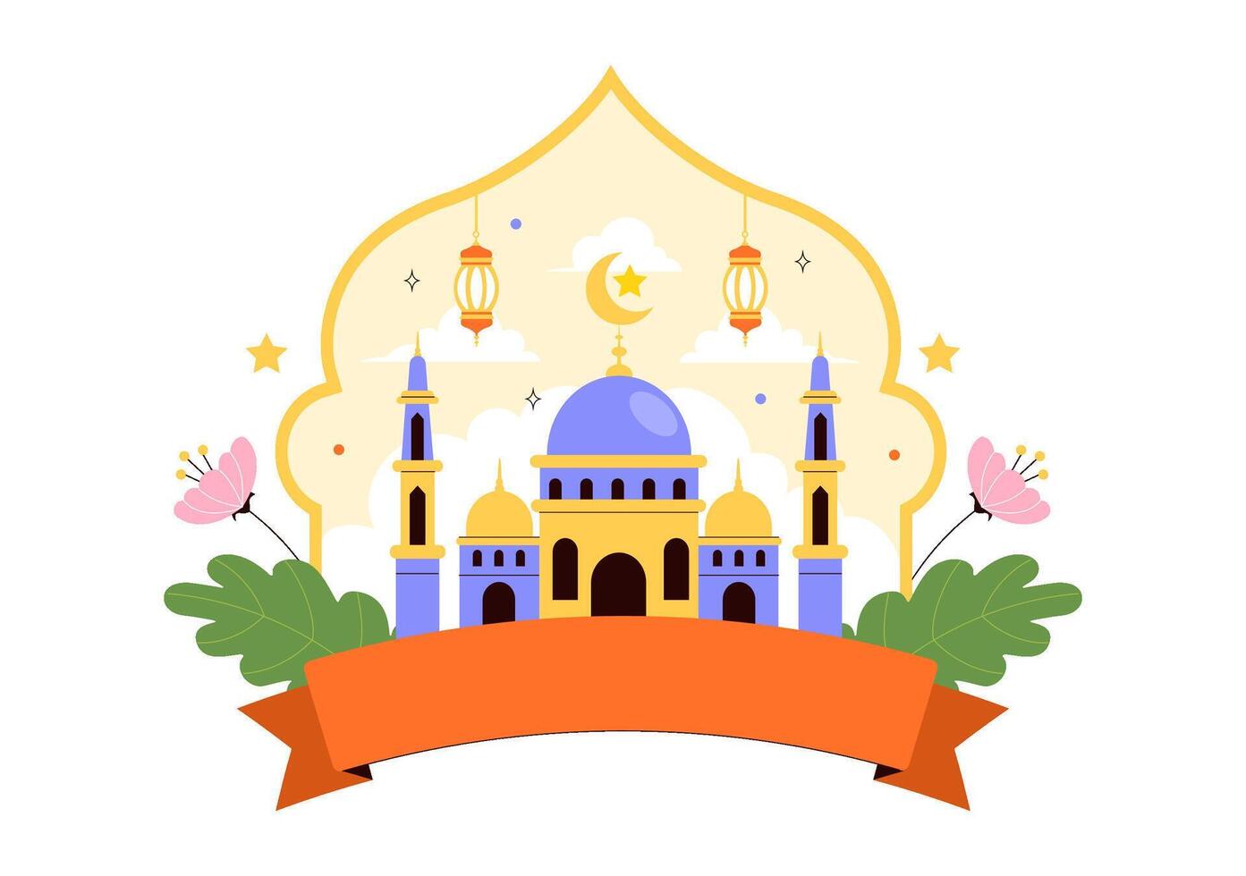 Flat Style of Happy Islamic New Year Featuring Lanterns and Crescent Moon vector