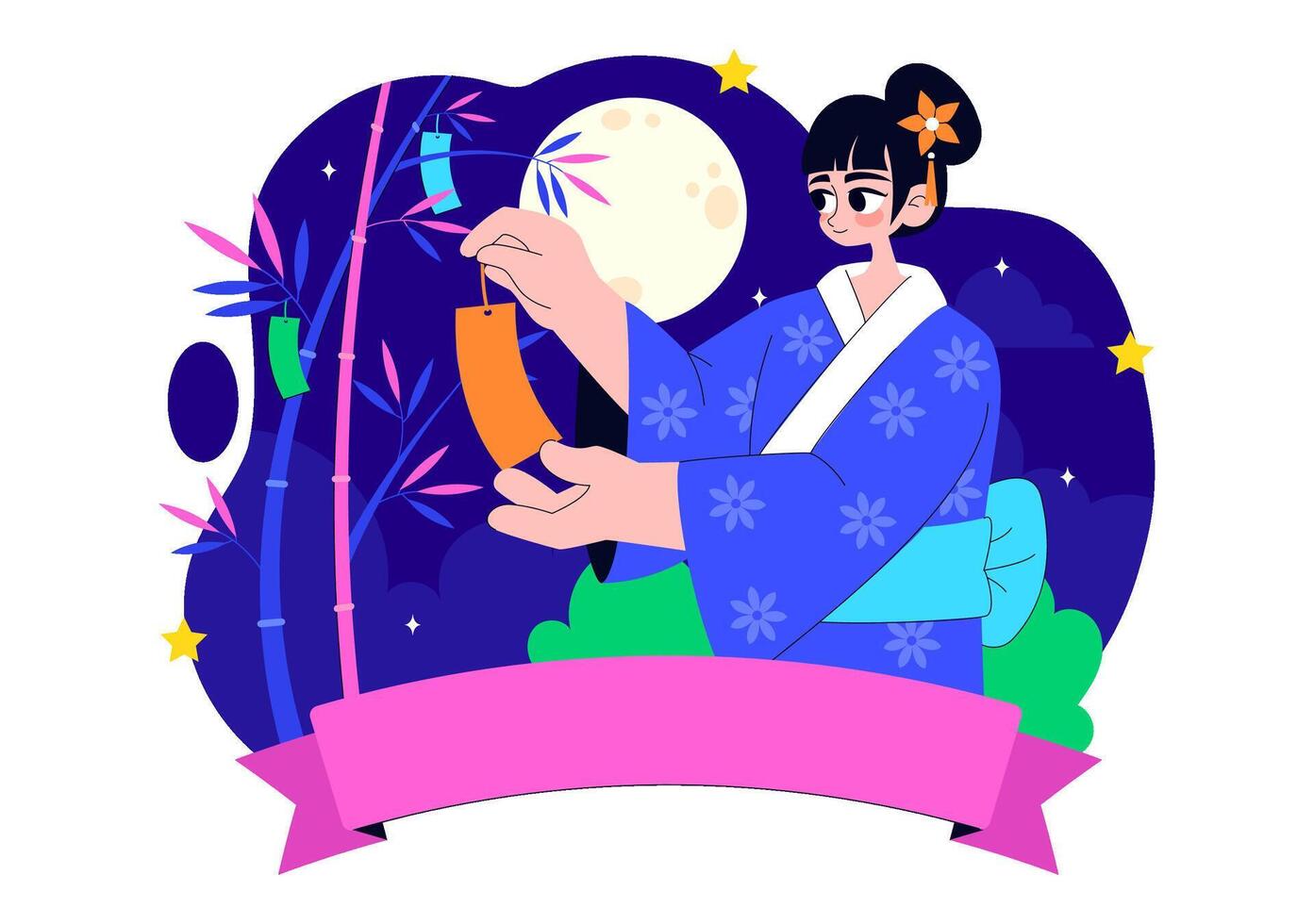 Tanabata Festival in Japan with Colorful Peonies and Traditional Clothing in Cartoon Scene vector