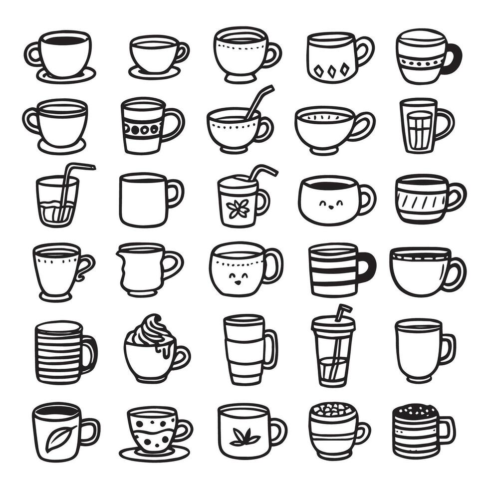 Set of Cute Tea or coffee cup doodle hand drawn line illustration vector