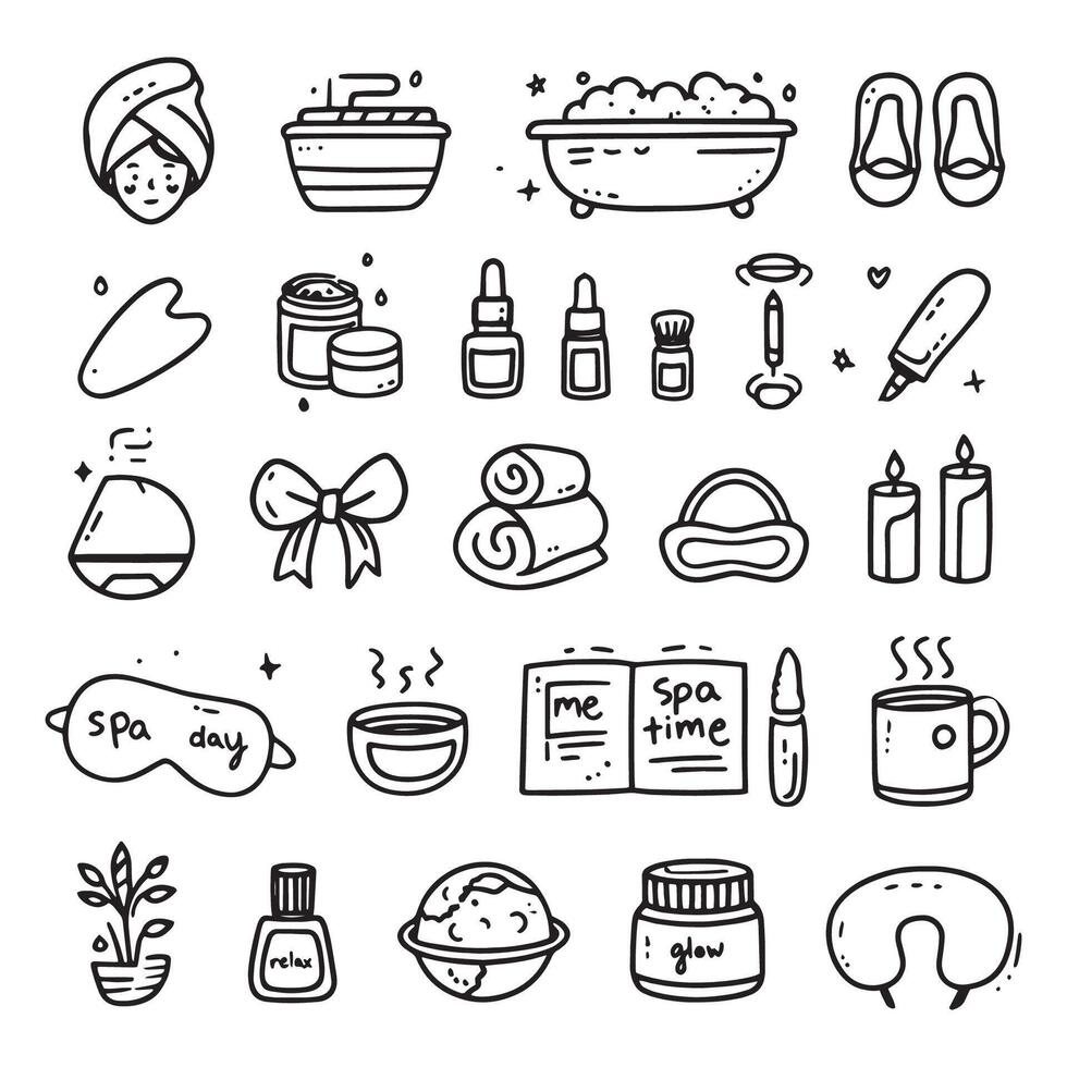 Spa, relax, candle doodle set. Makeup, beauty care outline icons. Natural cosmetic, spa and self care vector
