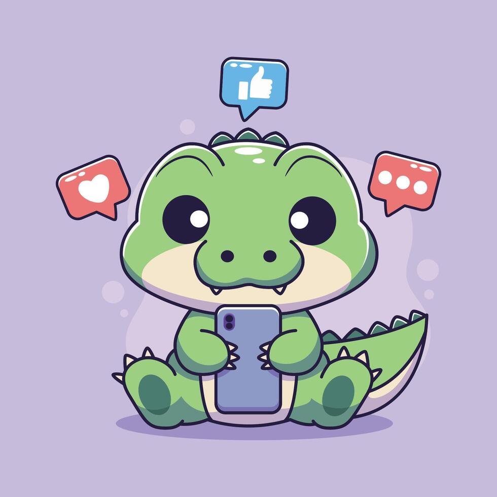 Cute Cartoon Alligator Engaged in Social Media on Smartphone vector