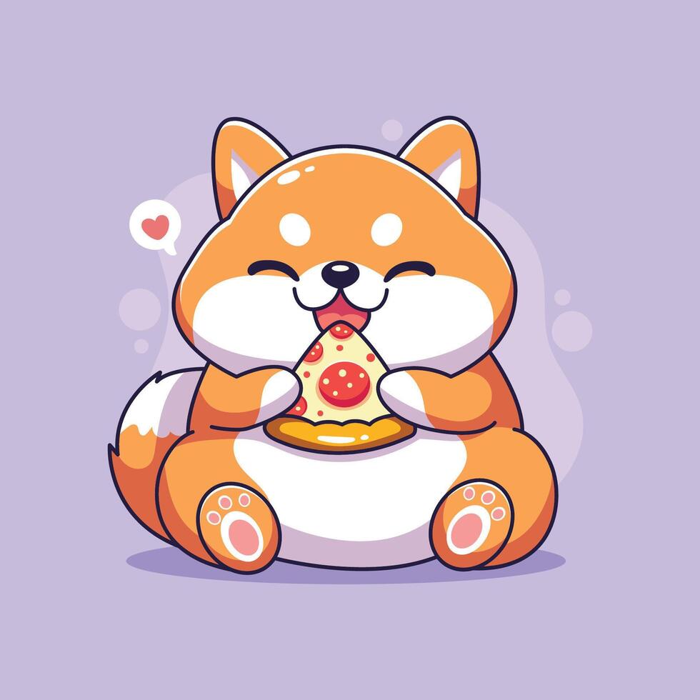 Cute cartoon shiba inu eating a pizza. illustration. vector
