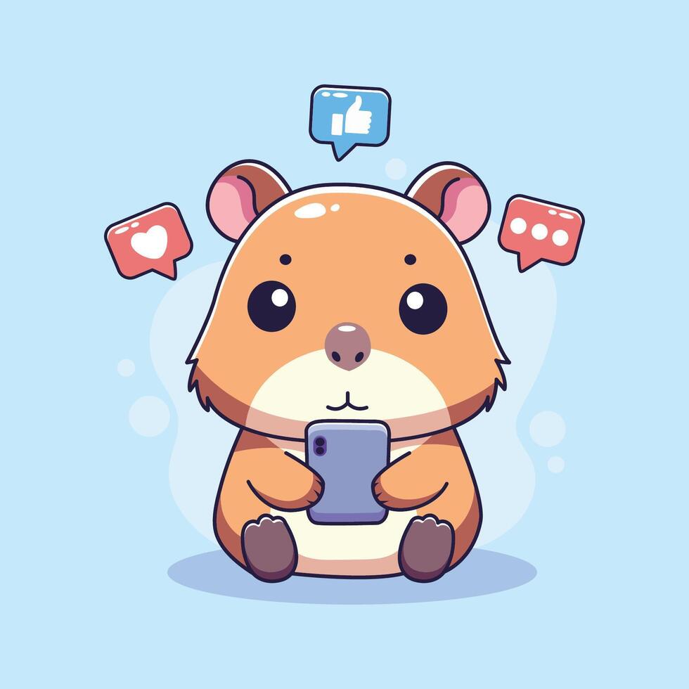 Cute capybara with smartphone and social media . illustration. vector