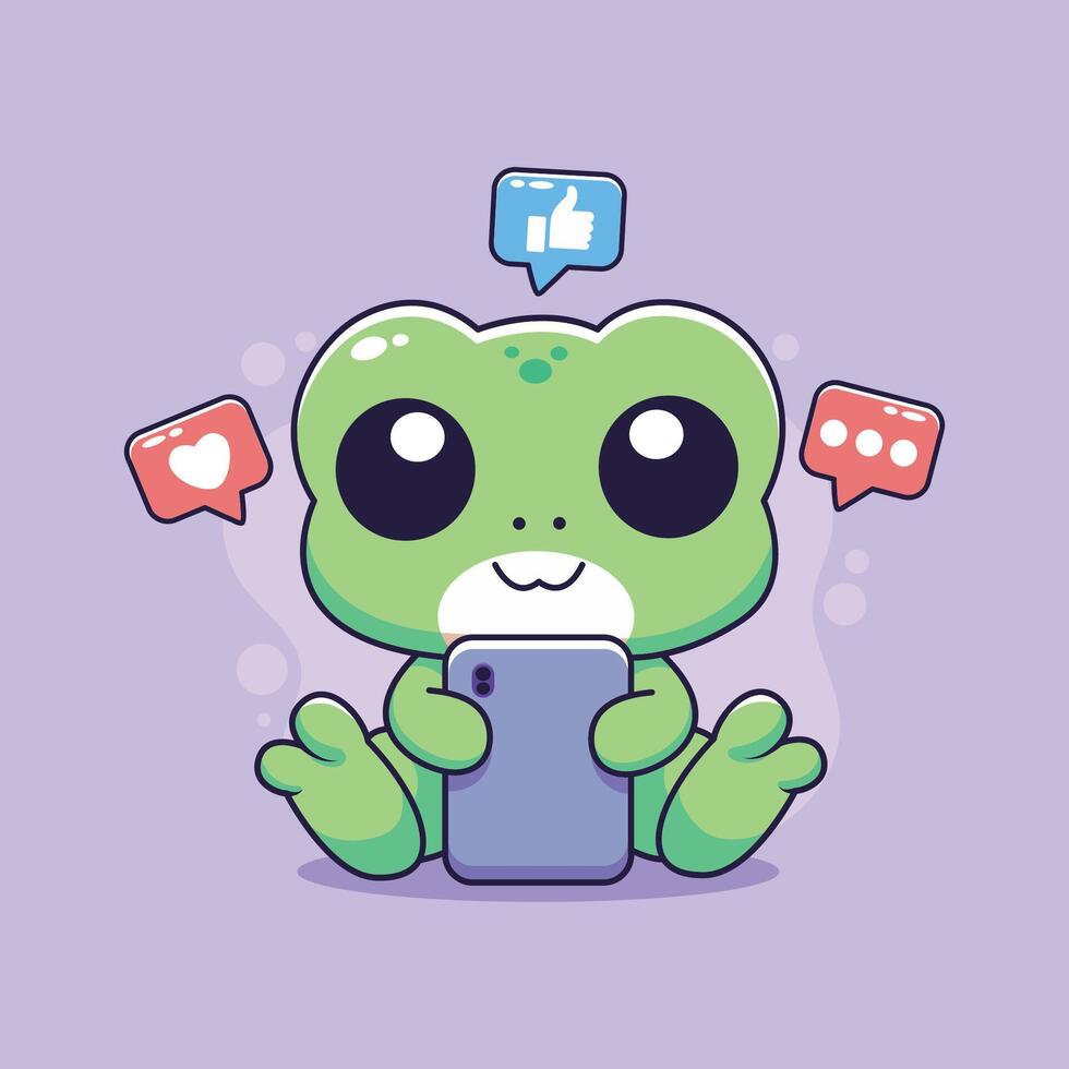 Cute Cartoon Frog Using Social Media on a Smartphone vector