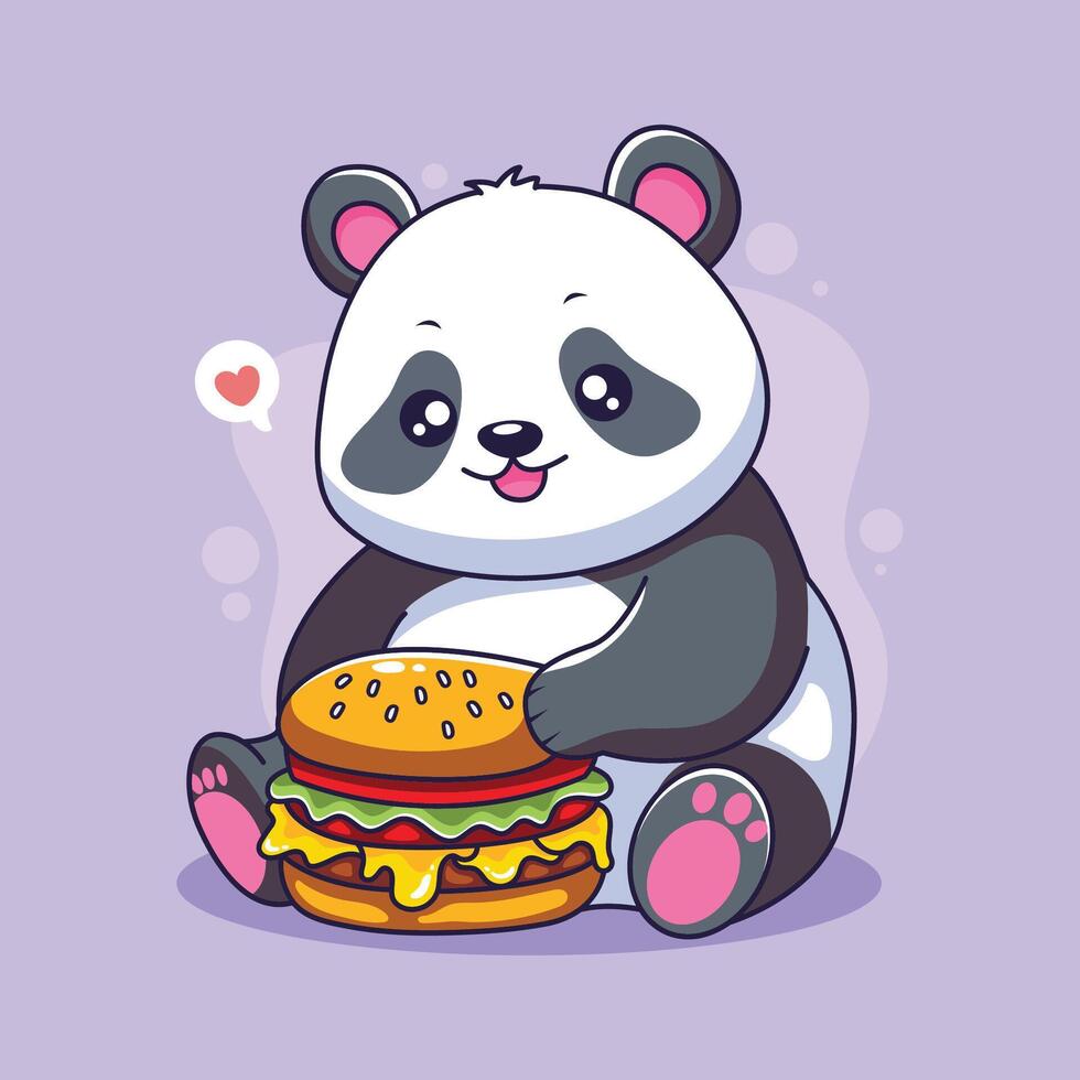 cute panda with hamburger and cheeseburger illustration vector