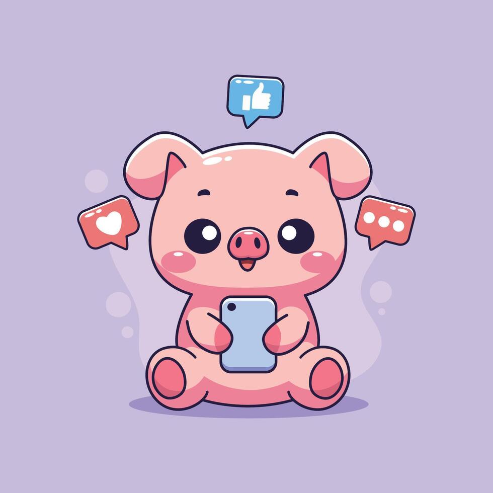 Cute pig with smartphone and social media icons. illustration. vector