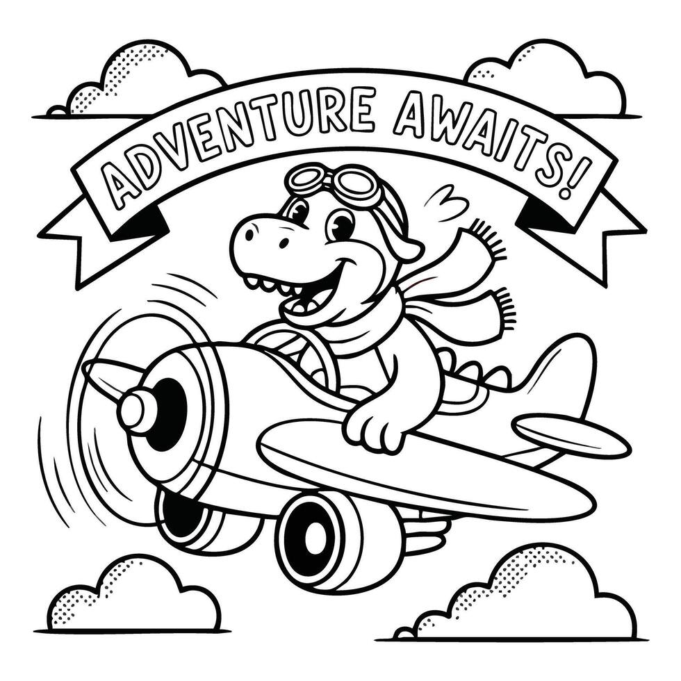 Flying Dinosaur Coloring Page Cartoon Dino Pilot with Airplane and Adventure Banner Fun Travel-Themed Printable for Kids vector