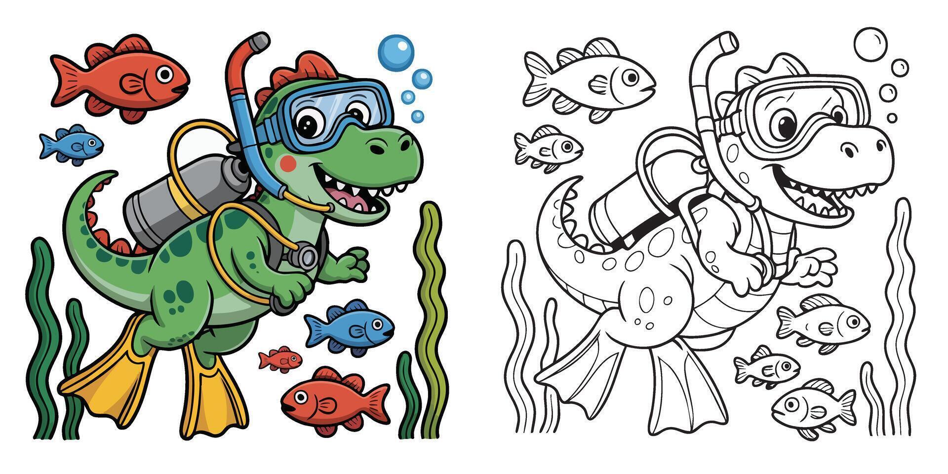 A Set of Scuba Diving Dinosaur Coloring Page Fun Underwater Adventure Illustration for Kids vector