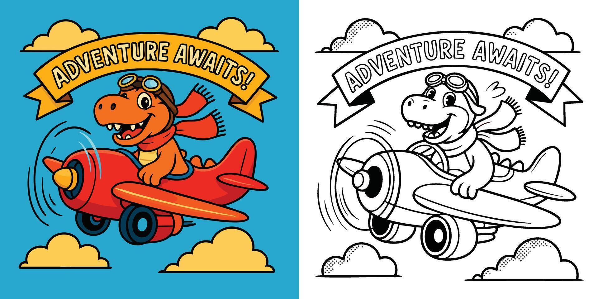 A Set of Flying Dinosaur Coloring Page Cartoon Dino Pilot with Airplane and Adventure Banner Fun Travel-Themed for Kids vector