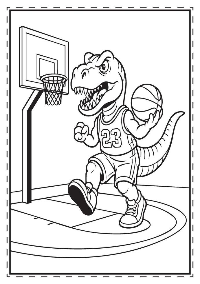 Basketball Dinosaur Coloring Page T-Rex Playing Basketball in Jersey Outline for Kids, Printable Sports Activity Sheet vector