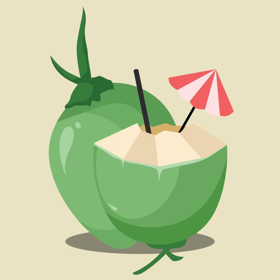 Coconut drink with umbrella and straw illustration vector