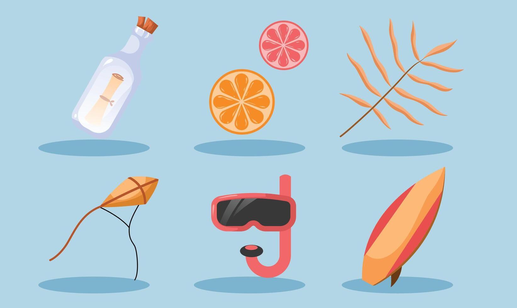 Summer beach icons set with orange, lemon, bottle, surfboard, surfboard, k vector