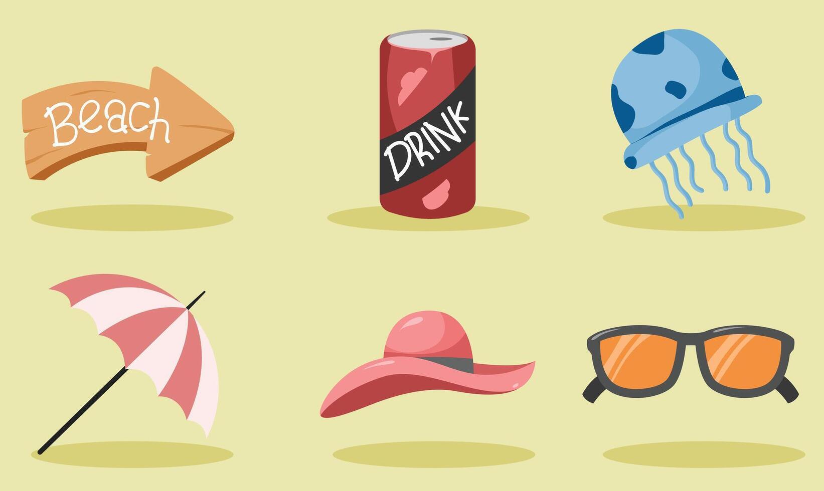 A set of flat icons depicting various items for the beach vector