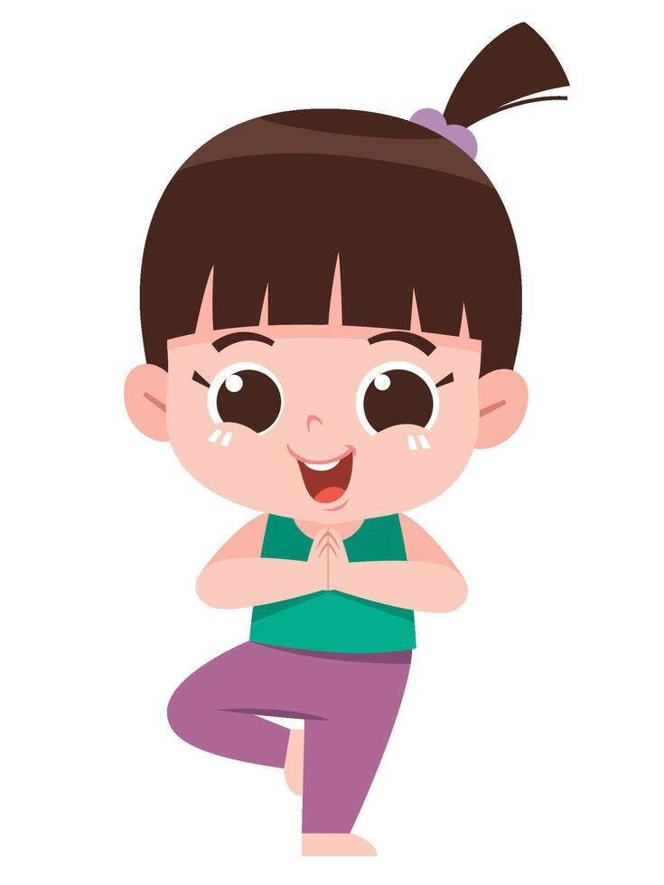 Cute Girl Practicing Yoga in Tree Pose vector