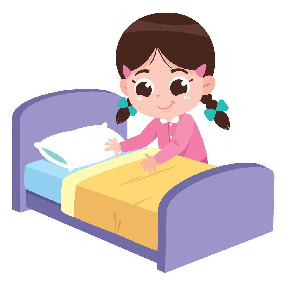 Cartoon Girl Making Her Bed vector