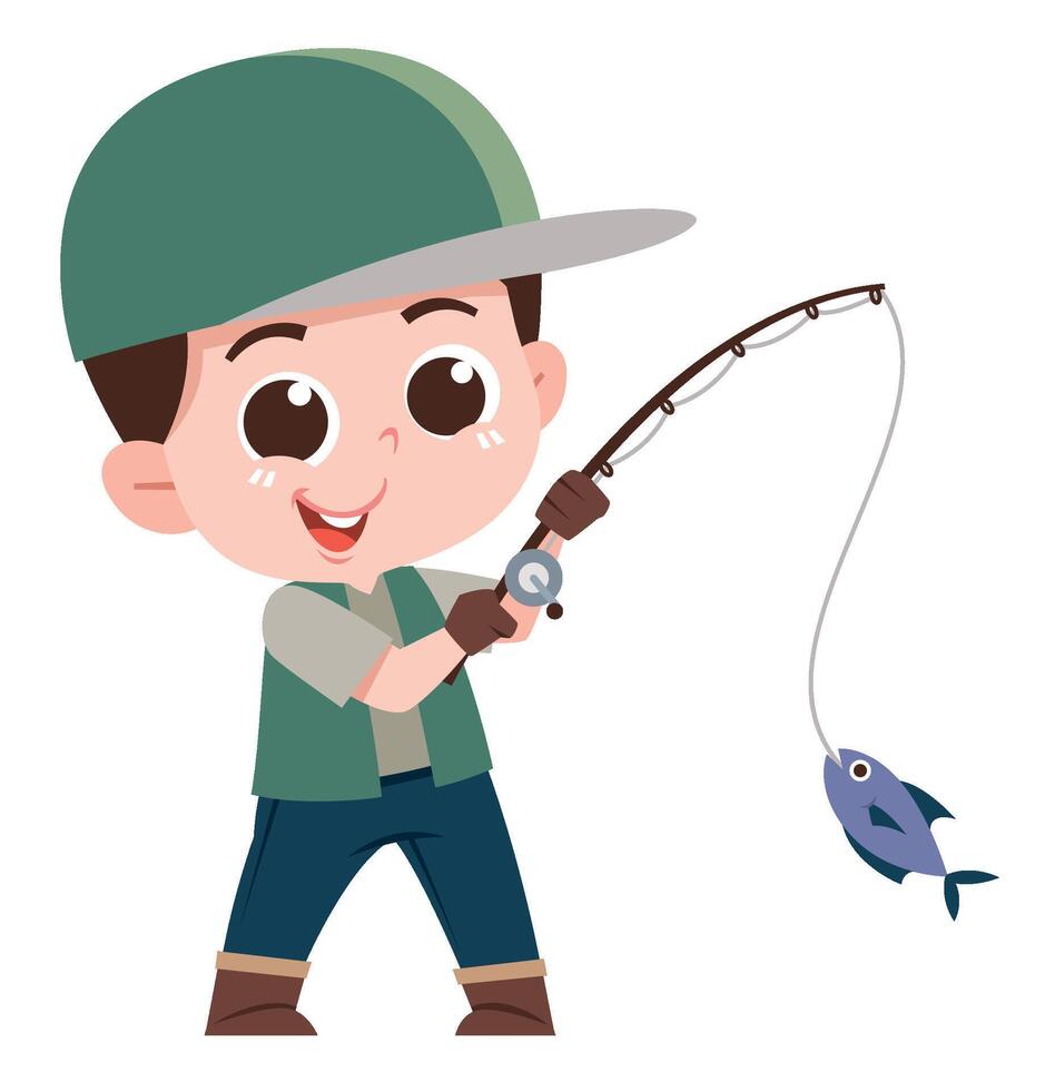 Happy Young Fisherman Catching a Fish vector