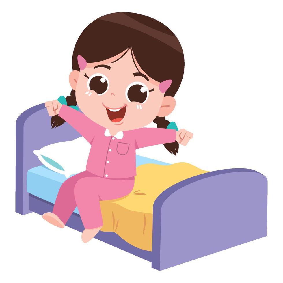 Cartoon Girl Waking Up in Bed vector