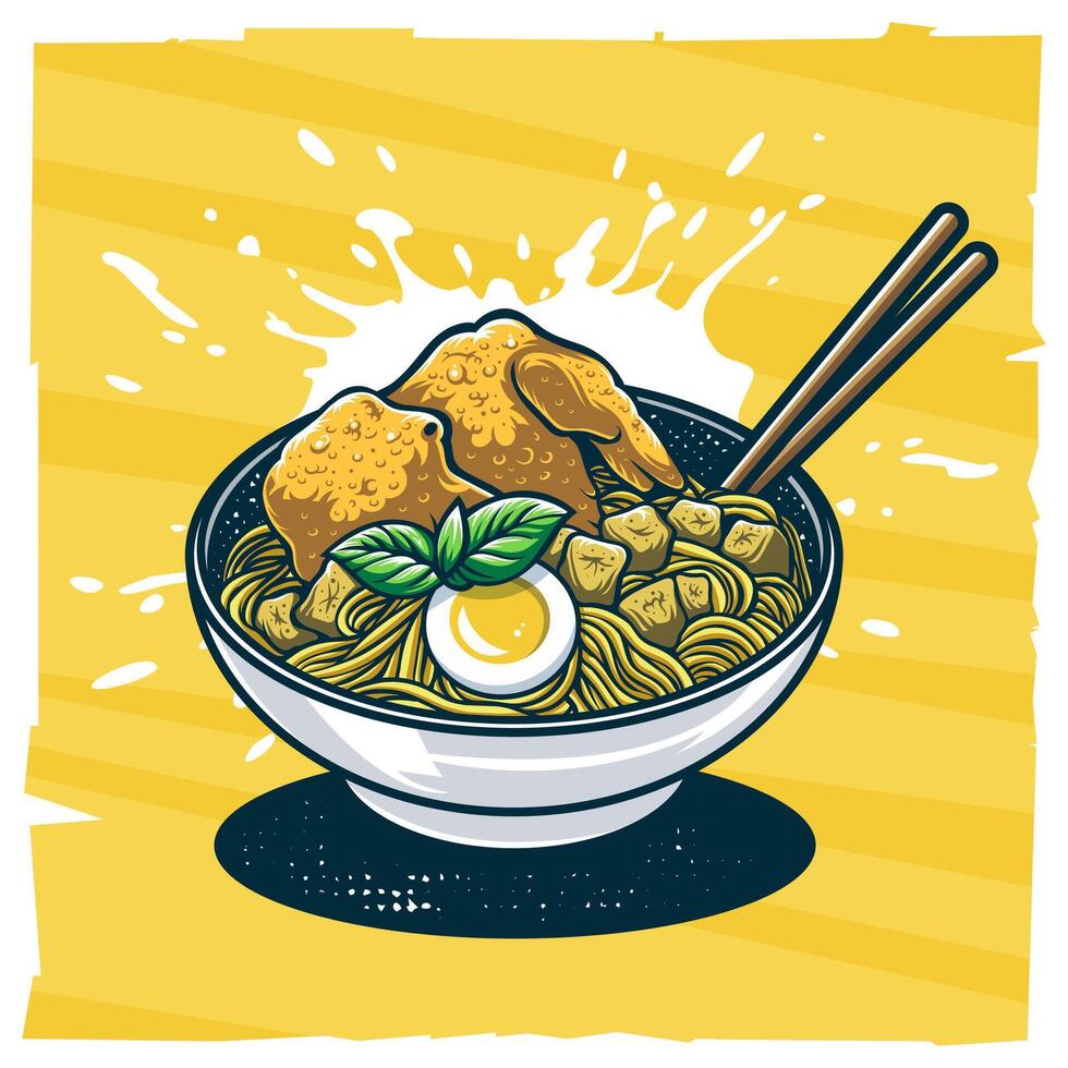 Noodles Soup with Fried Chicken and Egg vector