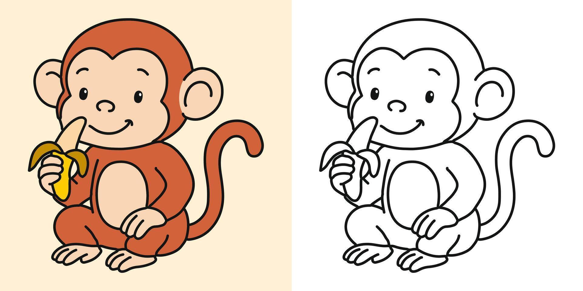Cute monkey eating a banana cartoon character coloring page illustration vector