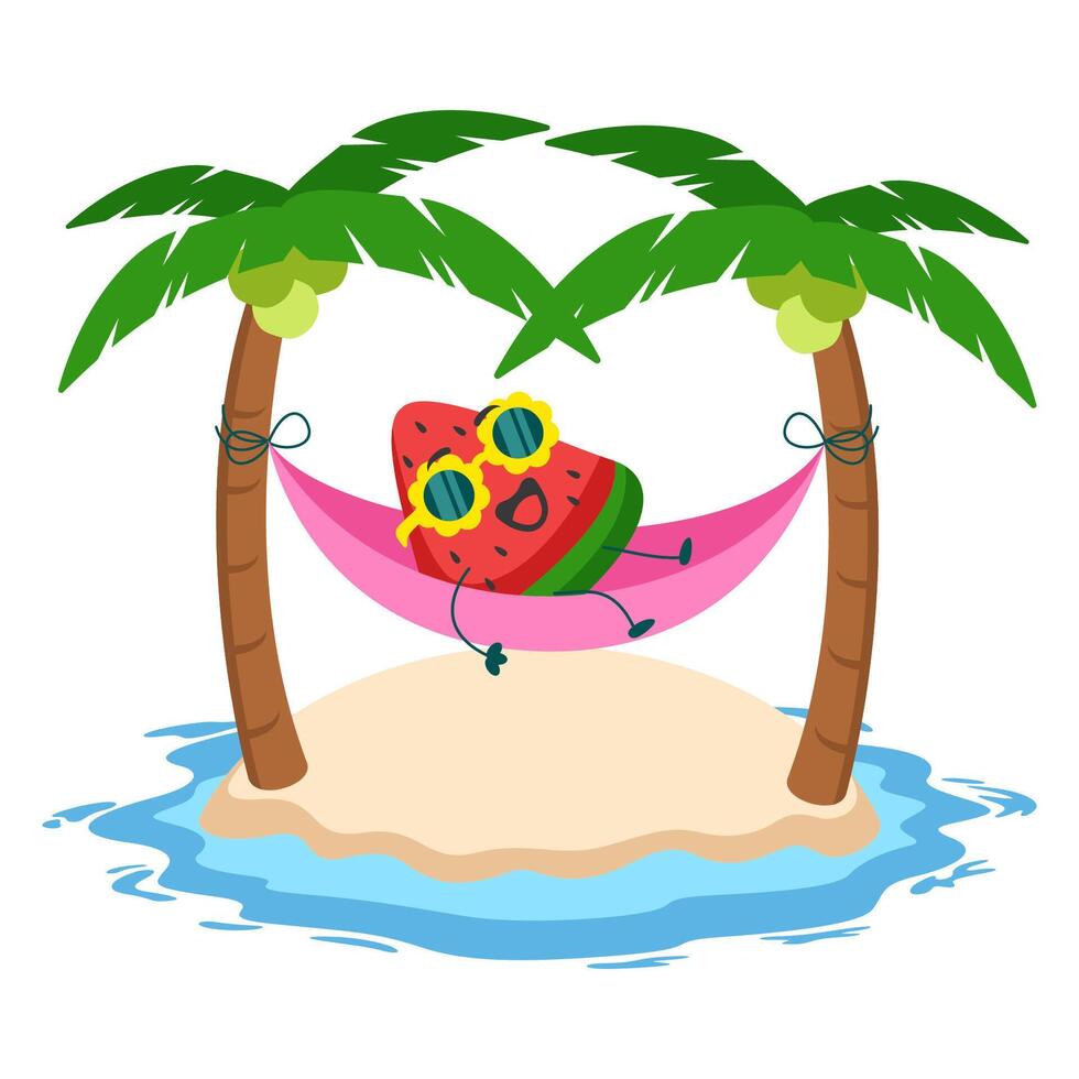 watermelon slice mascot character relax on hammock on the beach illustration vector