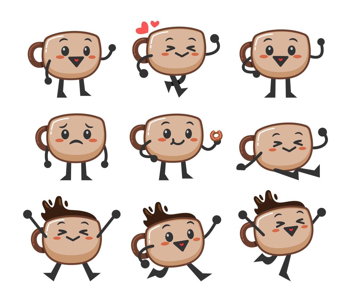 collection of cute coffee cup mascot. set of coffee mug cartoon with various pose and expression. vector