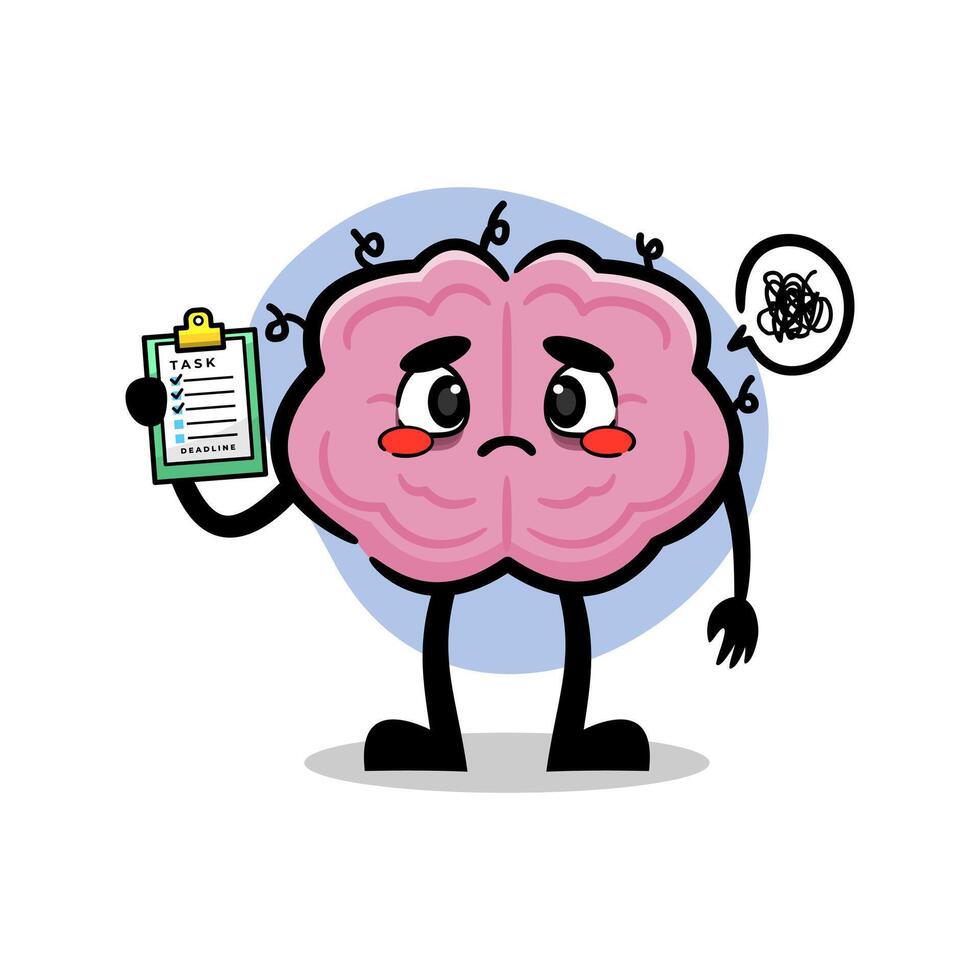 Tired Brain Illustration Character Holding Task List. Cute Brain Mascot Looking Exhausted. vector