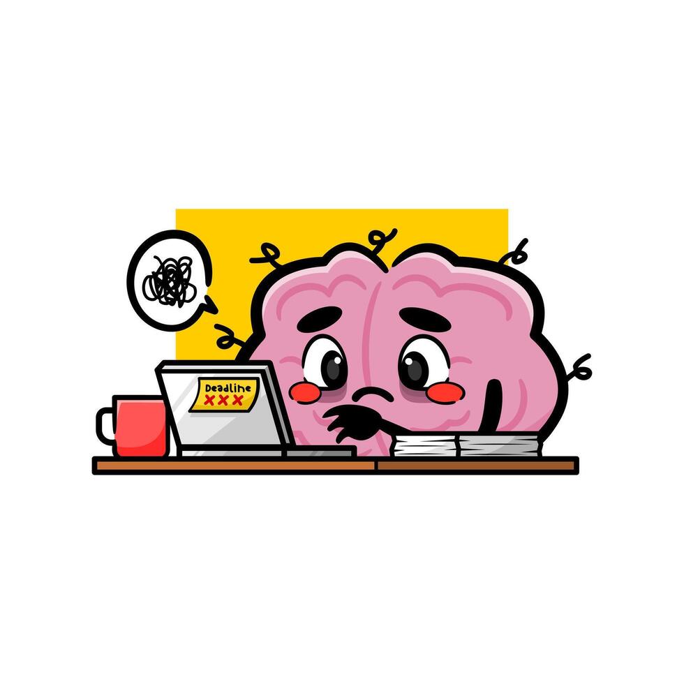 Cute brain mascot working on laptop, looking tired and stressed under tight deadline pressure. vector