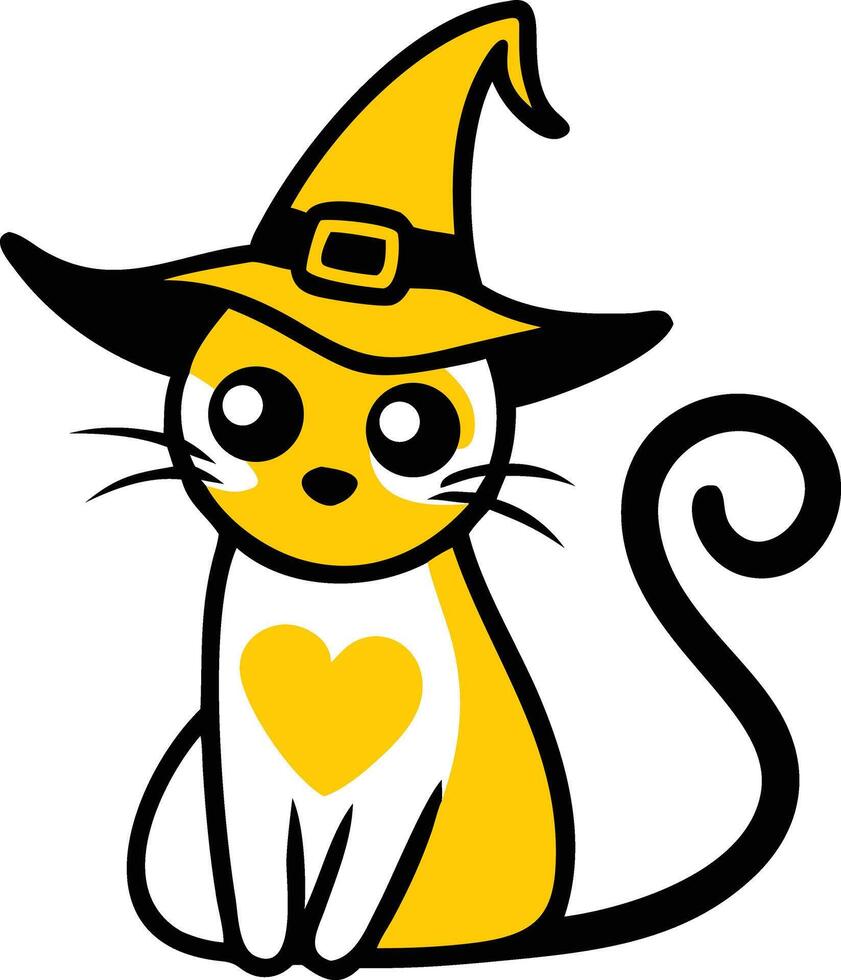 Cute cartoon illustration of a happy black feline pet cat with a heart, isolated as a funny animal character drawing vector